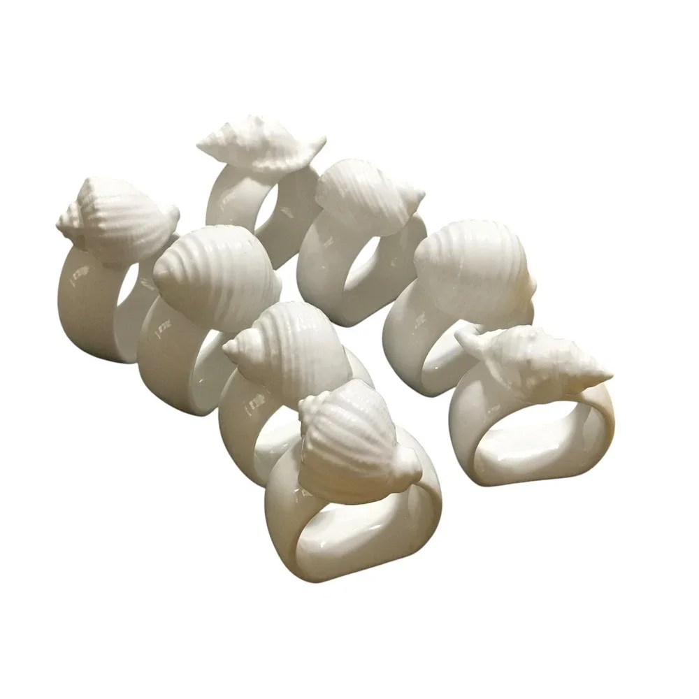 Set of 8 White Ceramic Seashell Napkin Rings Coastal Nautical Beach Decor conch
